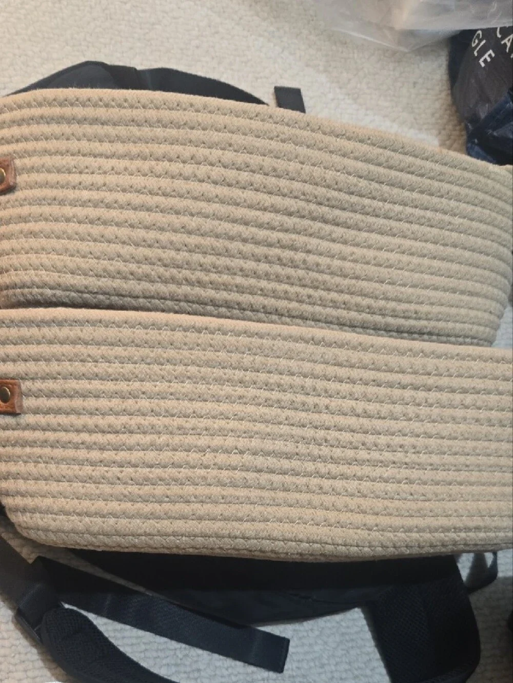 Woven Rope Storage Baskets with Leather Handles - Twin Set, Beige